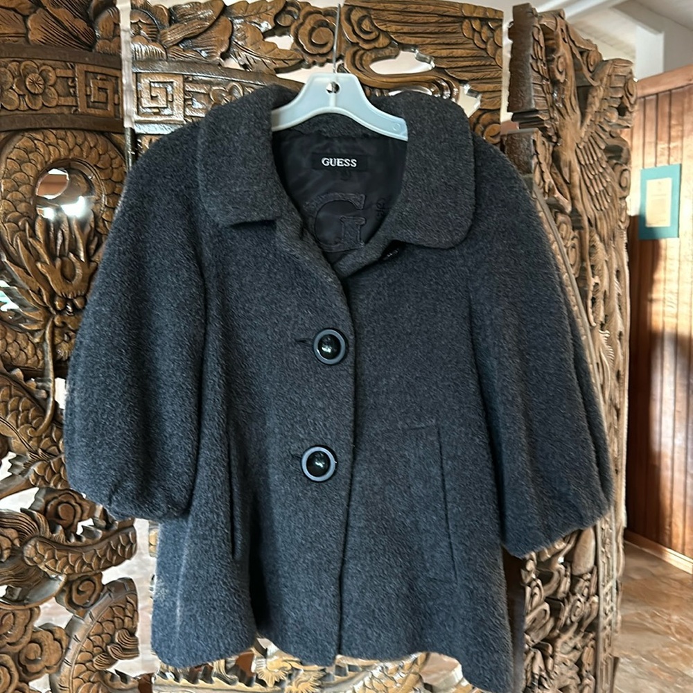 Guess 3/4 puff sleeve wool blend gray coat, size S